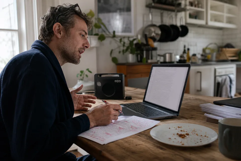 A copywriter at a kitchen table speaking toward a laptop with a long draft while a printed brief with red pen marks lies beside it
