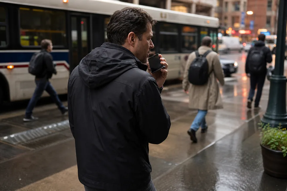 A man in a rain jacket walking along a city sidewalk holding a phone near his mouth and speaking