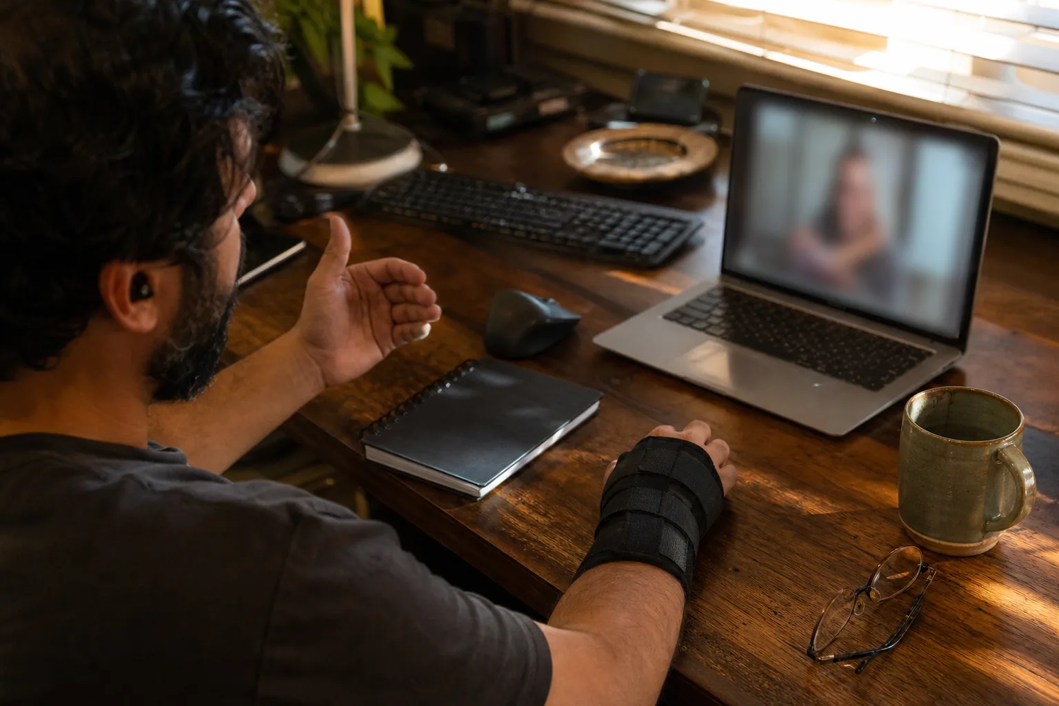 Hands resting on a desk with one wrist in a brace, the keyboard pushed aside, a mug and a closed notebook
